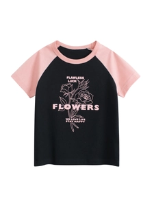 Maglietta a Maniche Corte in Cotone Estiva da Ragazza Casual Raglan Rosa Nero Colore a Contrasto Rosa Lettera Stampa Girocollo Top