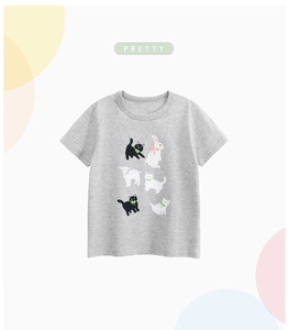 Detail of grey cotton toddler T-shirt with cartoon cat group and PRETTY lettering