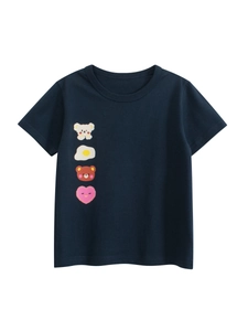Girls T-Shirt Pure Cotton Short Sleeve Round Neck Cartoon Print Casual Summer Toddler Kids Navy Blue Breathable Top