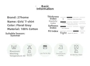 Detail view of 100% cotton label with washing instructions for girl's heather grey T-shirt