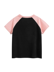 T-shirt per bambini nera e rosa con maniche raglan, maglietta estiva in cotone vista retro