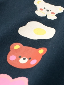 Navy blue cotton T-shirt for girls featuring cute cartoon bear and egg prints