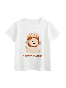 Girls Cotton Short Sleeve T-Shirt Cartoon Dog French Fries Print Round Neck Summer Breathable Top