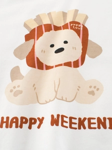 Kids white cotton T-shirt with cartoon puppy print and Happy Weekend lettering