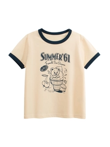 Cream ringer T-shirt for girls featuring vintage bear and ice cream graphic print