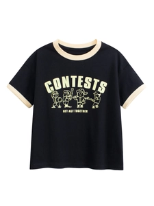 T-Shirt d'Été Enfants 100% Coton Peigné Manches Courtes Col Contrasté Baseball Dessin Animé Graphique Tee Garçons Filles Décontracté Sportif Top