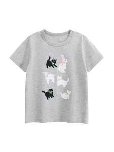 Kids Girls Casual Cotton Short Sleeve T-Shirt With Cartoon Animal Print Heather Grey Summer Round Neck Top