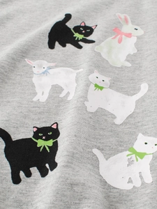 Kids grey cotton T-shirt with cute hand-drawn cat, rabbit and lamb animal illustrations