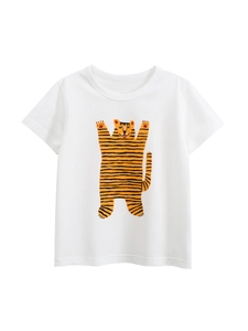 Kids Girls Summer Short Sleeve Cotton T-Shirt Cute Cartoon Tiger Print Round Neck Casual Off-White Top