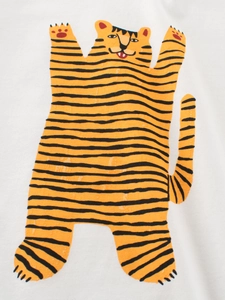 White cotton t-shirt for kids featuring a cute yellow cartoon tiger print detail