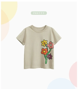 Detail of soft cotton kids t-shirt showing colorful floral print and round neckline