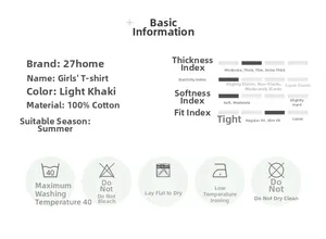Detailed size chart and material specs for girls 100% cotton light khaki floral tee