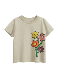 Girls Cotton Summer Short Sleeve T-Shirt Cartoon Flower Print Casual Round Neck Kids Top Light Khaki Cotton Tee