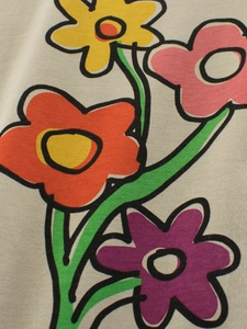 Girls' cotton flower print t-shirt in beige with retro cartoon floral pattern
