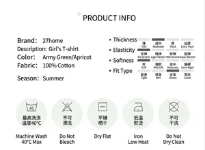 Detailed sizing chart for cotton girls' t-shirt showing fabric specs and washing icons