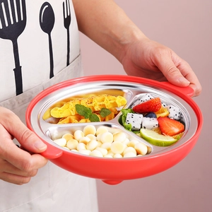 Assiette compartimentée en acier inoxydable pour enfants avec poignées et coque rouge