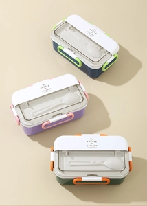 Three-pack stylish multi-color bento boxes with lids and integrated spoons