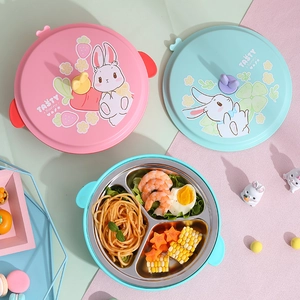 Assiette enfant en acier inoxydable avec couvercle lapin et trois sections