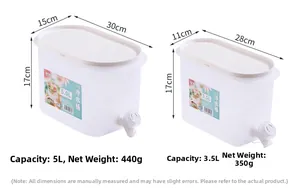 Size comparison of 3.5L and 5L refrigerator cold water dispensers with tap and lid