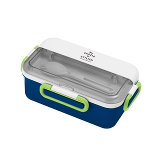 Double-layer bento lunch box with locking clips and built-in utensil for meal prep