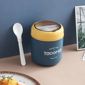 Dual-layer stainless steel soup cup with lid and spoon in blue and yellow design