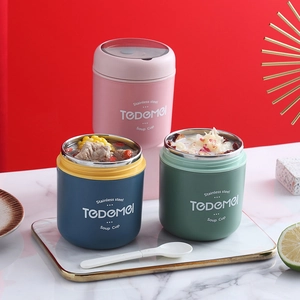 Insulated stainless steel double-layer soup cups with spoons in three pastel colors