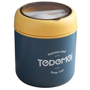 Insulated blue and yellow stainless steel soup cup with lid and spoon for breakfast