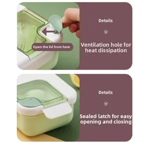 Detail view of the leaf-shaped steam vent and secure side buckles on the lunch box
