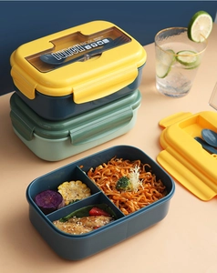 Detail of partitioned lunch box with cutlery storage lid and transparent view window