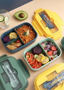 Close-up of Morandi bento box with divided compartments for meal prep and food storage