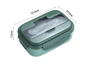 Green dual-compartment lunch box with 21.5x15.5x7.5cm dimensions and spoon storage