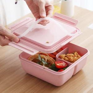 Fiambrera bento rosa de paja de trigo con dos compartimentos y sello de silicona