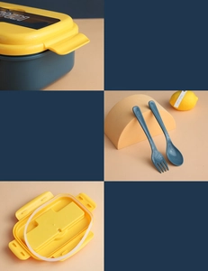 Detail of lunch box lid with silicone sealing ring and matching plastic cutlery set
