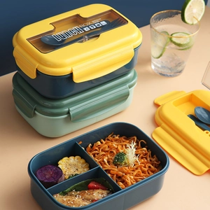Modern Morandi stackable lunch box with three compartments and built-in utensils for students