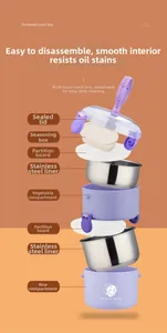 Detailed view of stackable purple bento box parts with stainless steel liners and seal lid