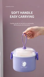 Macro detail of purple layered lunch box with silicone handle and astronaut logo