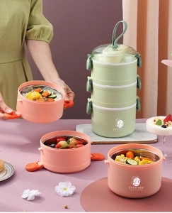 Detail of multi-layer stainless steel lunch box with leak-proof lid and portable handle