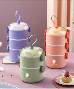 Detail of multi-layer lunch box featuring secure side buckles and portable handle