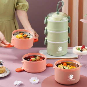 Three-layer stacked stainless steel lunch box with portable handle in mint and pink colors