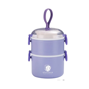 Purple double-layer portable microwaveable lunch box with astronaut logo and top handle