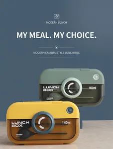 Detail of camera-shaped lunch boxes with translucent lids and internal spoon storage