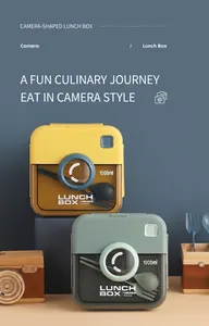 Retro camera-style bento box 1000ml set with utensils in yellow and vintage green colors