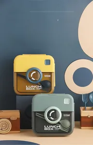 Retro camera-style bento box 1000ml set with utensils in yellow and vintage green colors