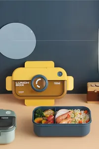 Detail of 1100ml camera style lunch box showing internal compartments with rice and shrimp