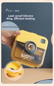 Detail of camera-style lunch box showing leak-proof silicone seal and 1000ml capacity