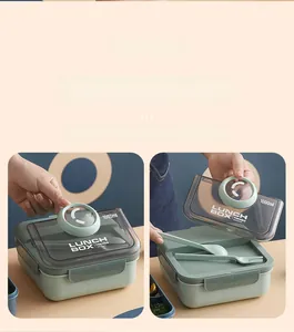 Close-up of 1000ml bento box with built-in cutlery set and secure lid in Morandi green
