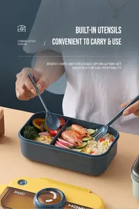 Detail of 1100ml navy blue divided lunch box with matching spoon and fork set