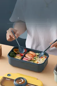 Detail of 1100ml navy blue divided lunch box with matching spoon and fork set