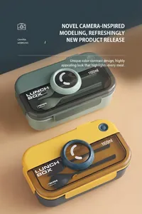 Detail of 1100ml camera shaped lunch box with built-in cutlery and transparent lid