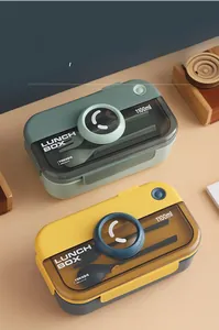 Detail of 1100ml camera shaped lunch box with built-in cutlery and transparent lid